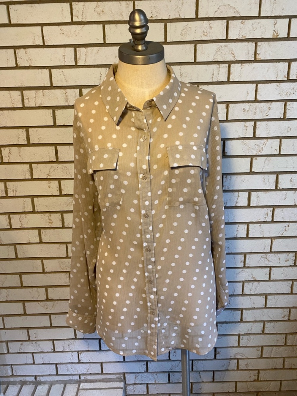 Lane Bryant Tan Polka Dot Button-Up Blouse